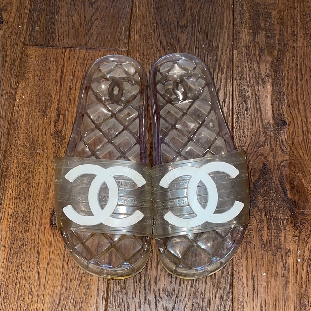 CHANEL Clear Jelly Slide Sandals with White Logo